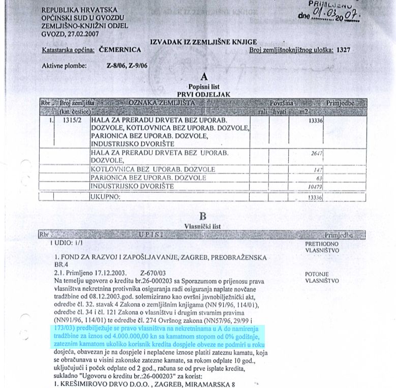 KREŠIMIROVO DRVO - POVIJESNI IZVADAK SA TERETOM FONDA 4.000.000 KN